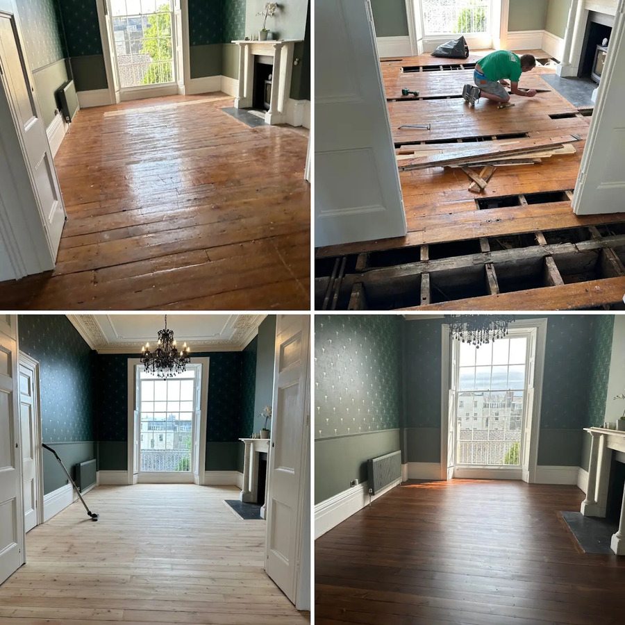 Restored Victorian living room floor in progress.