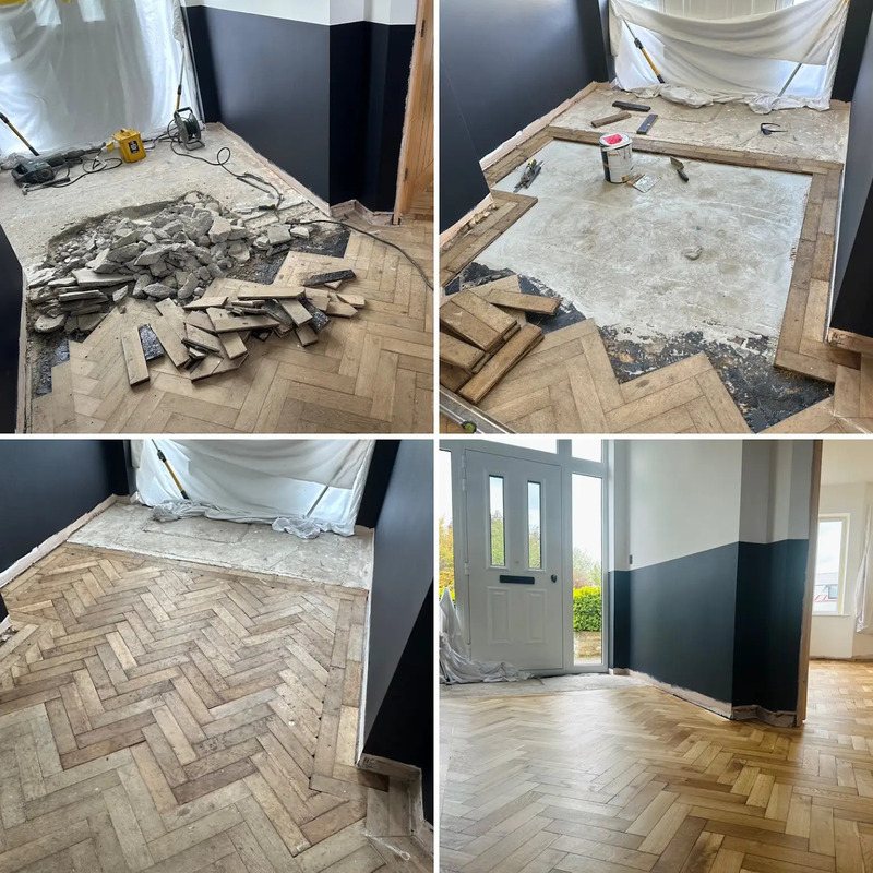 Herringbone floor restoration in entrance hallway.