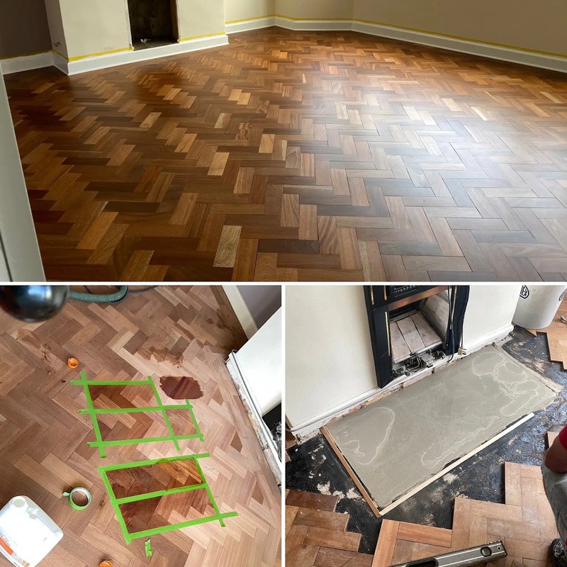 Walnut herringbone floor refinished with rich tones.